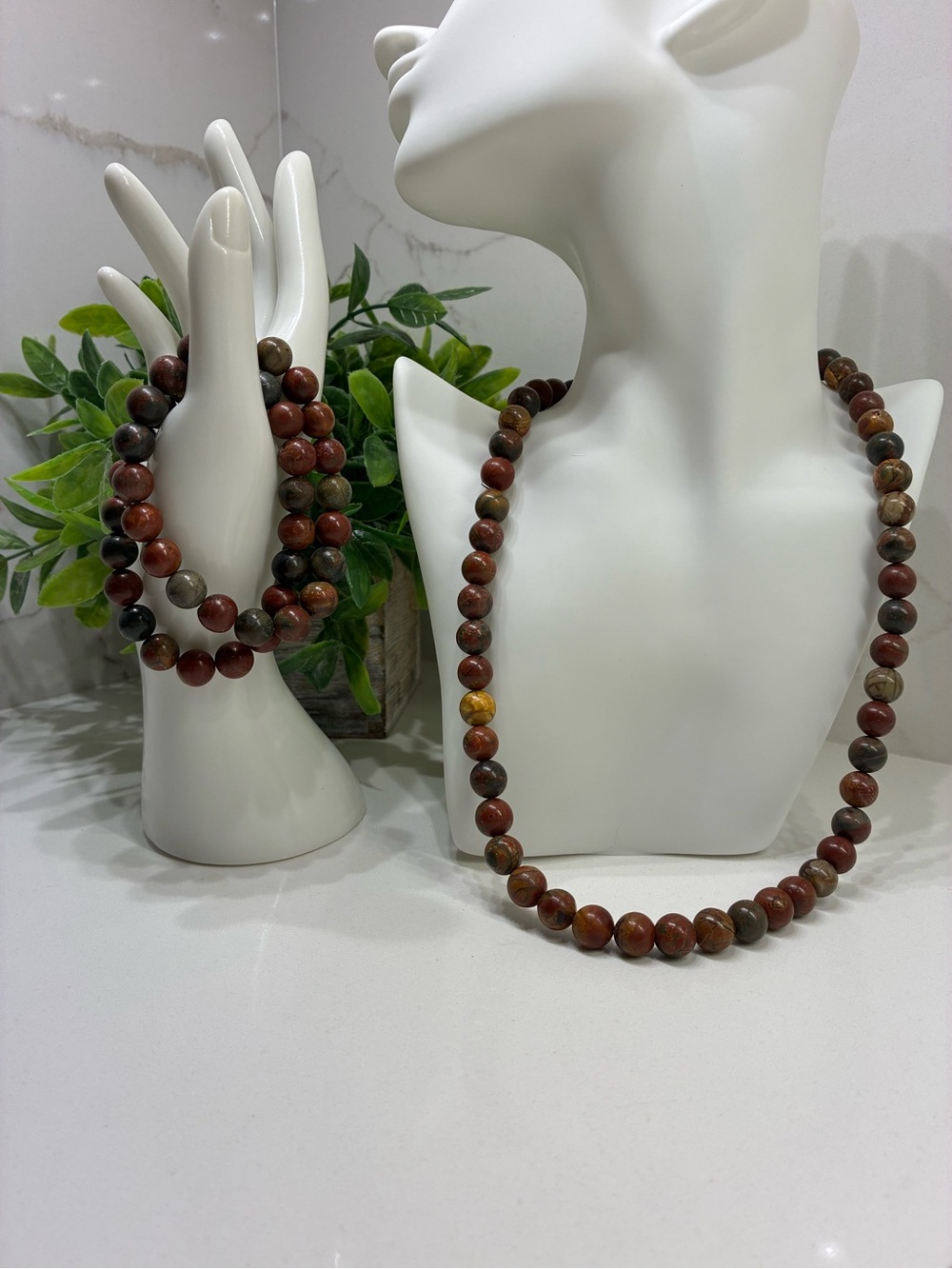 Natural Handcrafted Picasso Jasper Red And Brown Stone Necklace and Bracelet Set